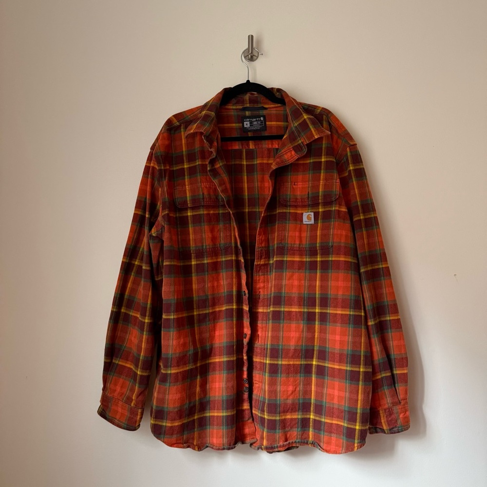 Carhartt Men's XL Heavy Flannel Loose Fit Long Sleeve Plaid Shirt Orange Red